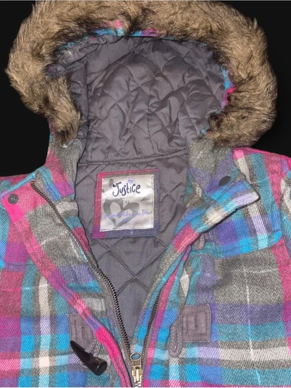 Y2K pink and grey plaid quilted jacket with faux fur hood